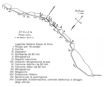 Piantina della Galleria Goiginger (tratta da: Walter Schaumann, La Grande Guerra 1915/18. Storia e itinerari nelle località della Guerra: Dolomiti Occidentali. Ghedina&Tassotti Editori)